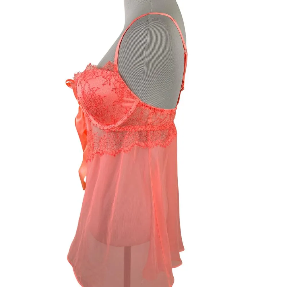 Victoria's Secret Florescent Peach Tie Lace Babydoll Nightie Bra Size 34D - Image 3