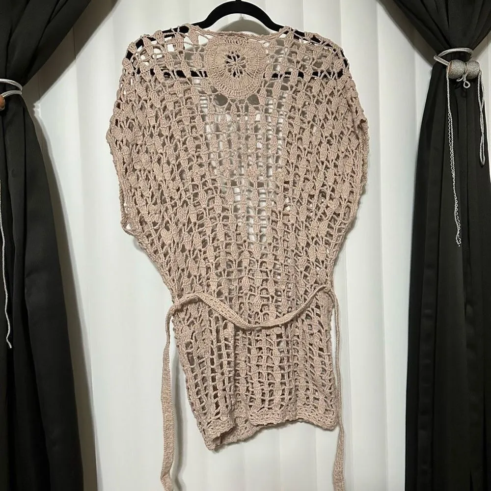 Say What USA tan crochet style cardigan with draw string to adjust, 55% Ramie, 4 - Image 5