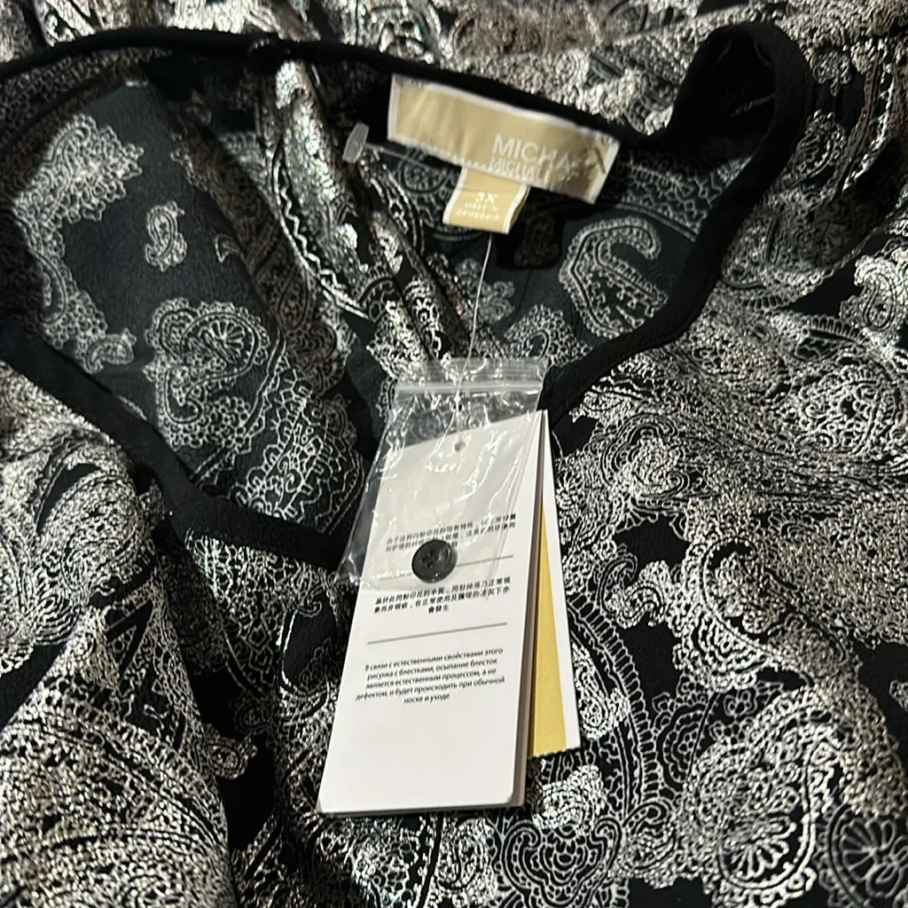 NWT MICHAEL KORS METALLIC PAISLEY CREPE MINI DR BONEBLACK PAISLEY Black Size 3X - Image 8