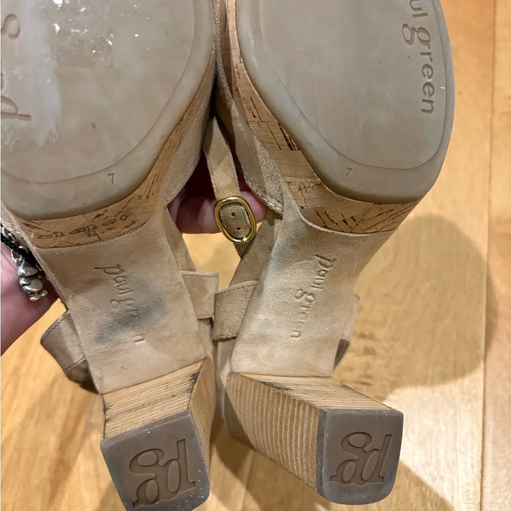 Paul Green suede ankle strap open-toe block heel sandals sz 9.5 beige shoes - Image 8