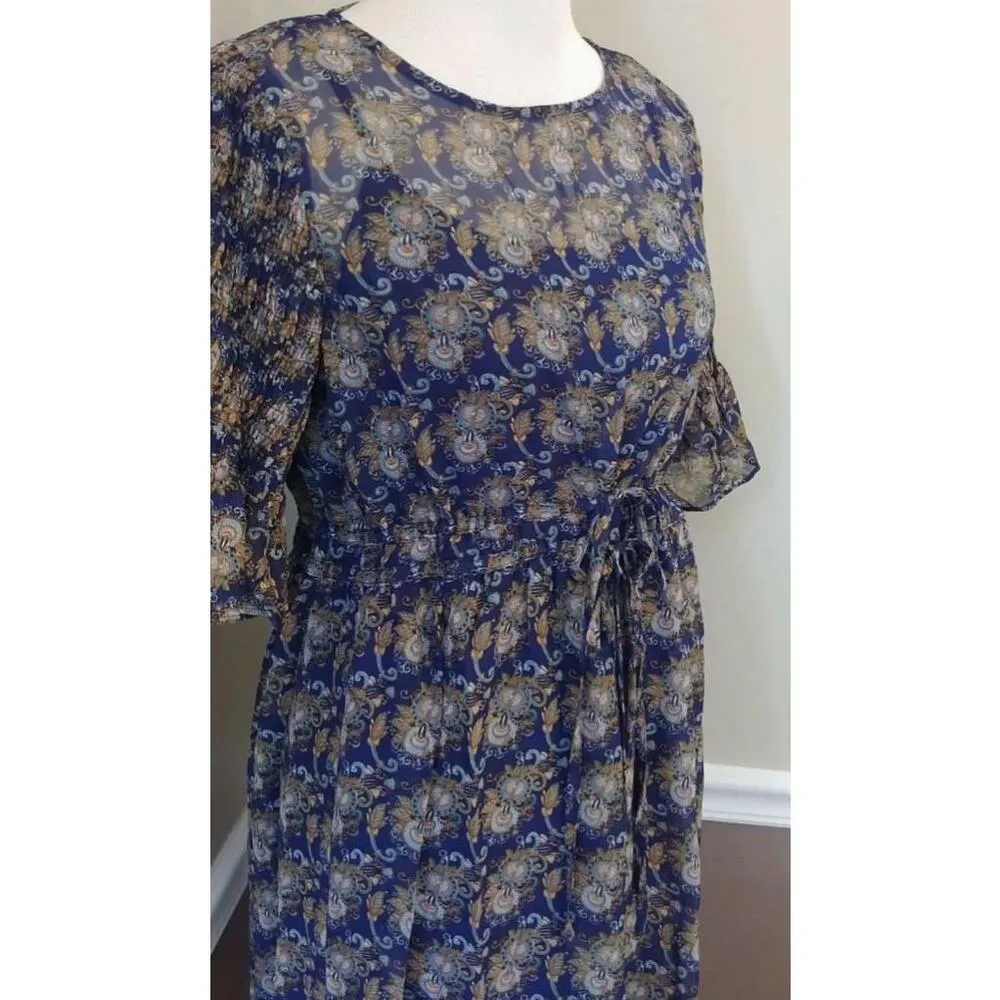 NEW Esley ModCloth Navy Blue Paisley Peasant Boho Short Bell Sleeve Dress Small - Image 3