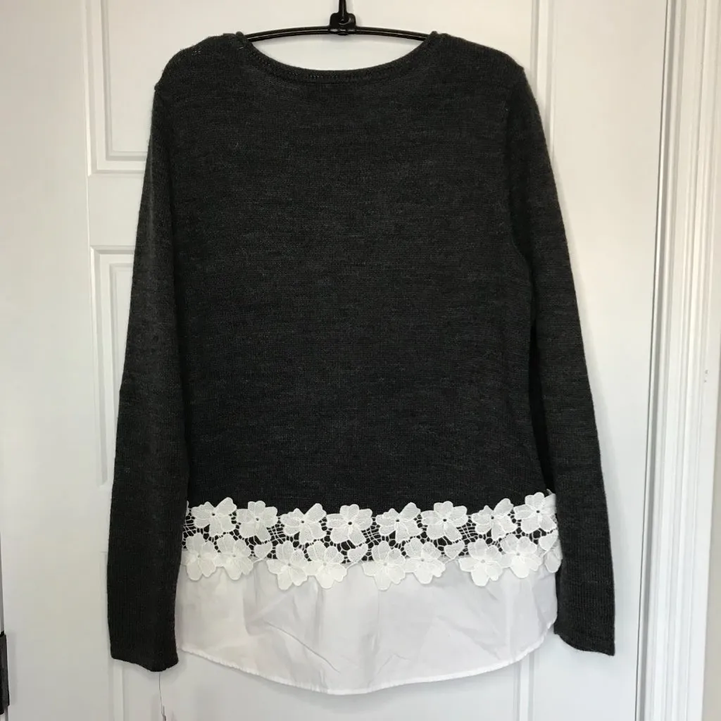 AB Studio Cotton Blend Faux Layered Long Sleeve Sweater Charcoal Gray Medium - Image 2