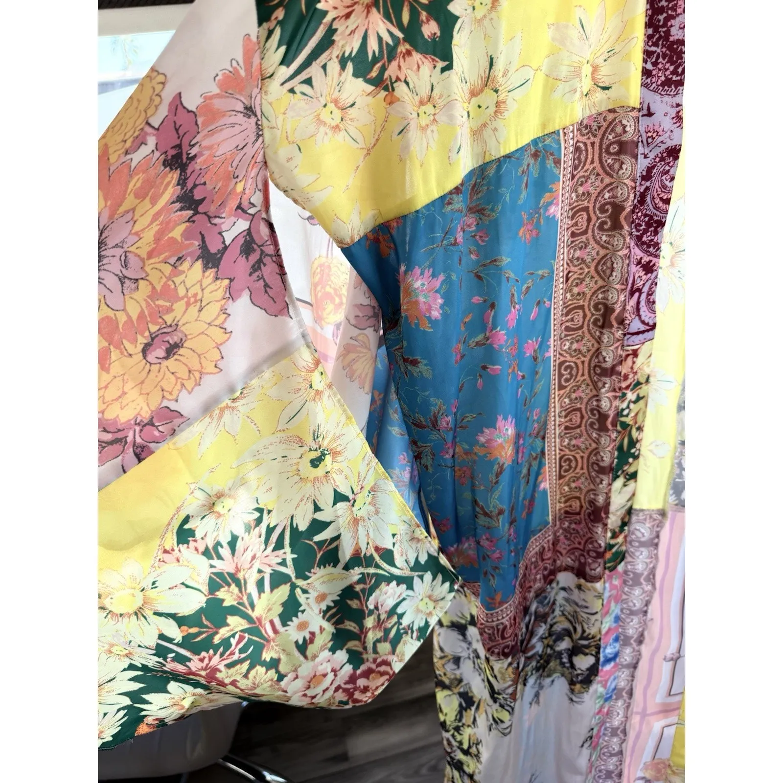 Intimately Free People Patchwork Floral Kimono M/L Open Front Duster Boho Jacket Yellow - Image 4