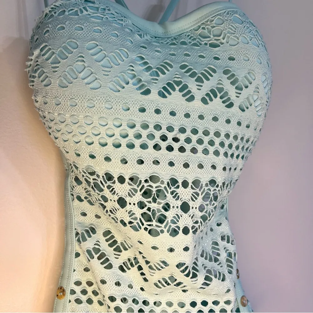 Source Unknown Women’s One Piece Crochet Sheer Swimsuit Button Detail Adjustable Straps Size 10 - Image 3