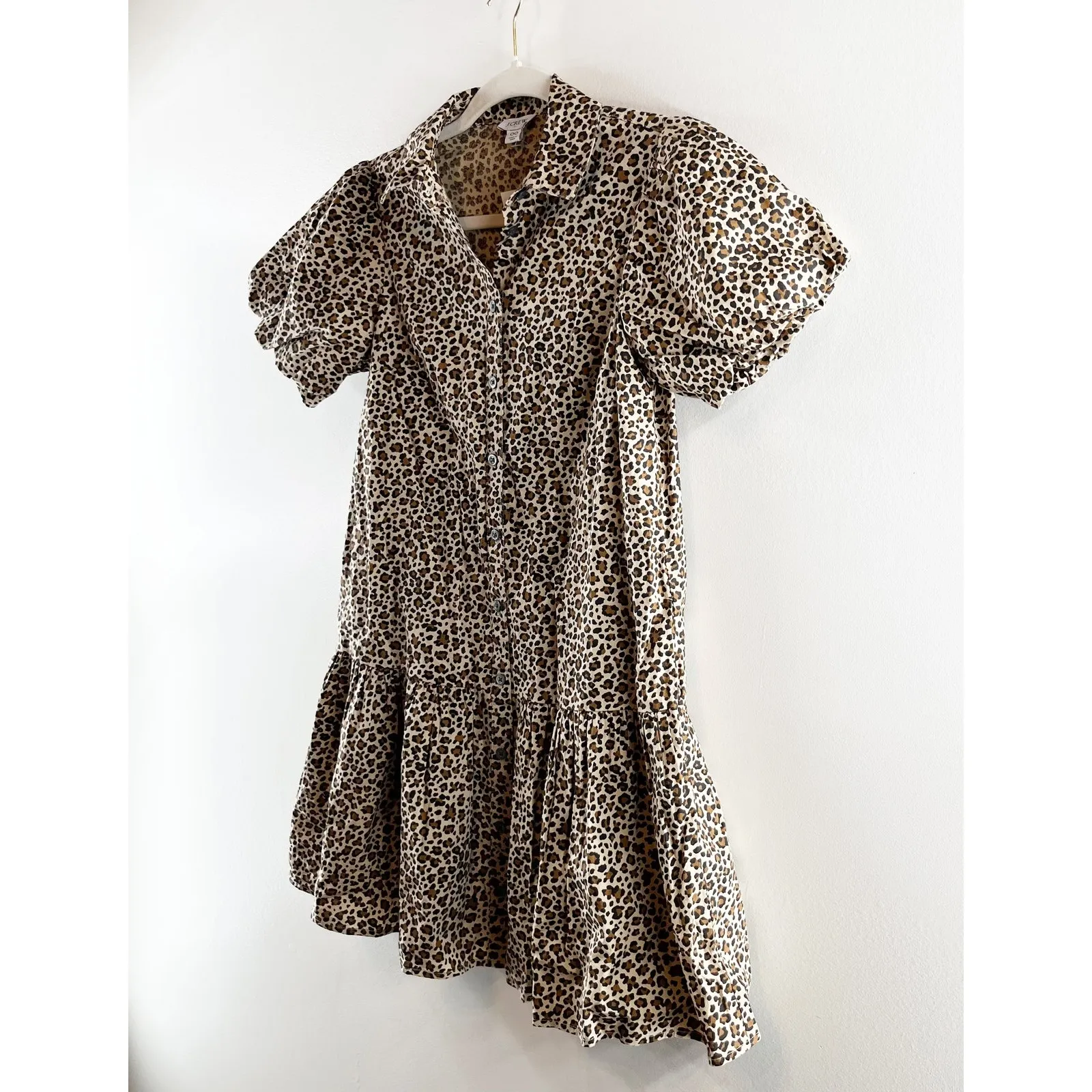 J. Crew Bubble Short Puff Sleeve Button Up Drop Waist Leopard Print Mini Dress - Image 5