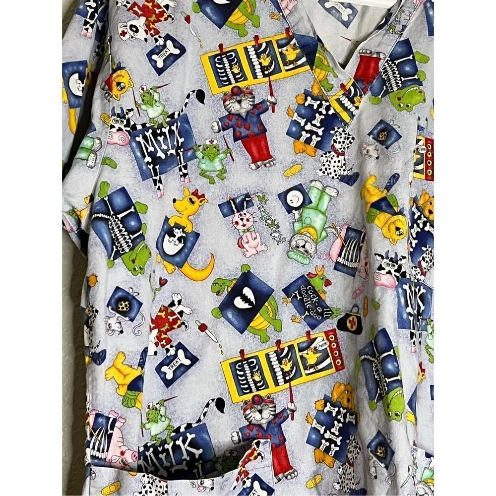 Peaches Uniform Womens 2x Cotton Scrubs Top Blue Cats Animals X - Image 2