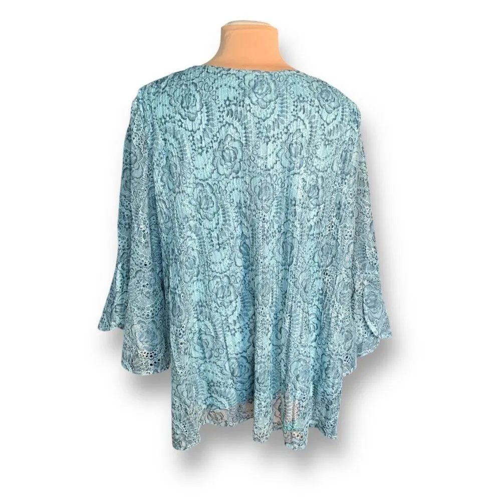 Catherines Blue Floral Lace Bell Sleeves Open Keyhole Neckline Pullover Blouse Size 3X - Image 6