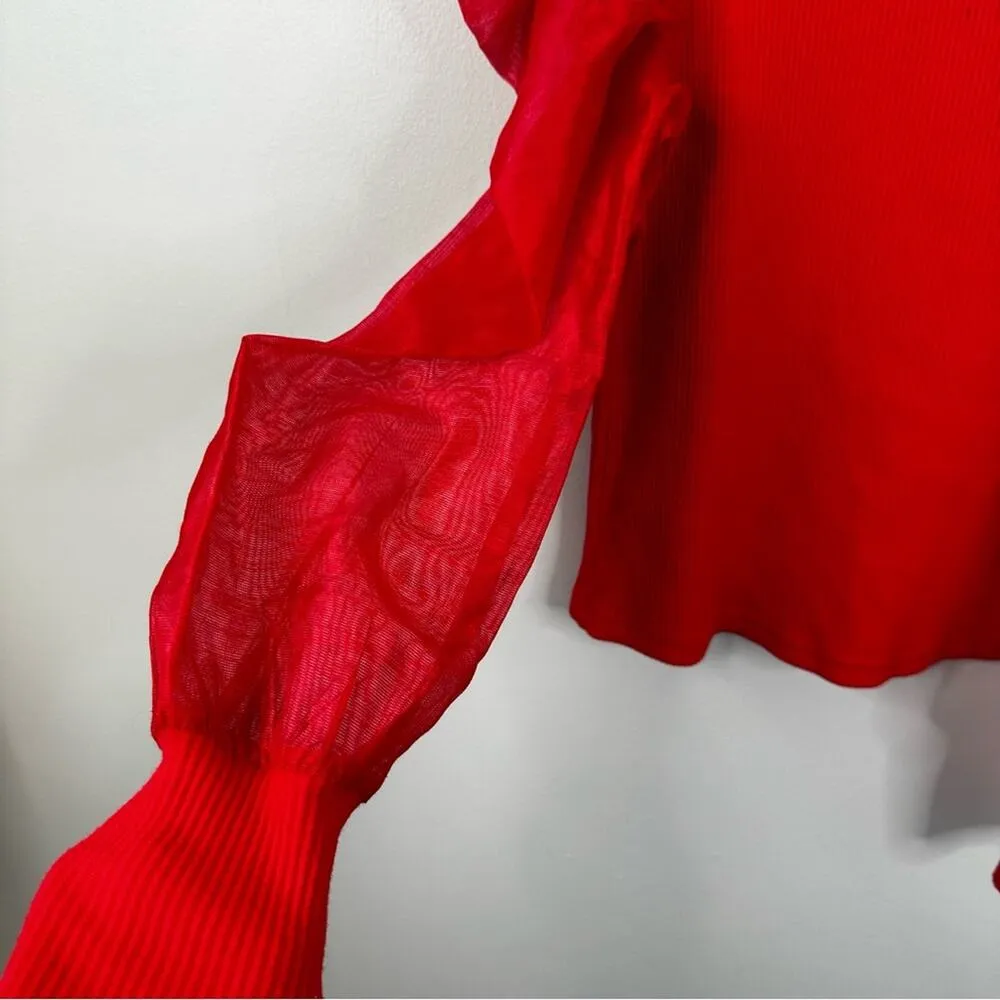 Dolan Anthropologie Shirt Womens Small Red Sheer Puff Sleeves Blouse - Image 6
