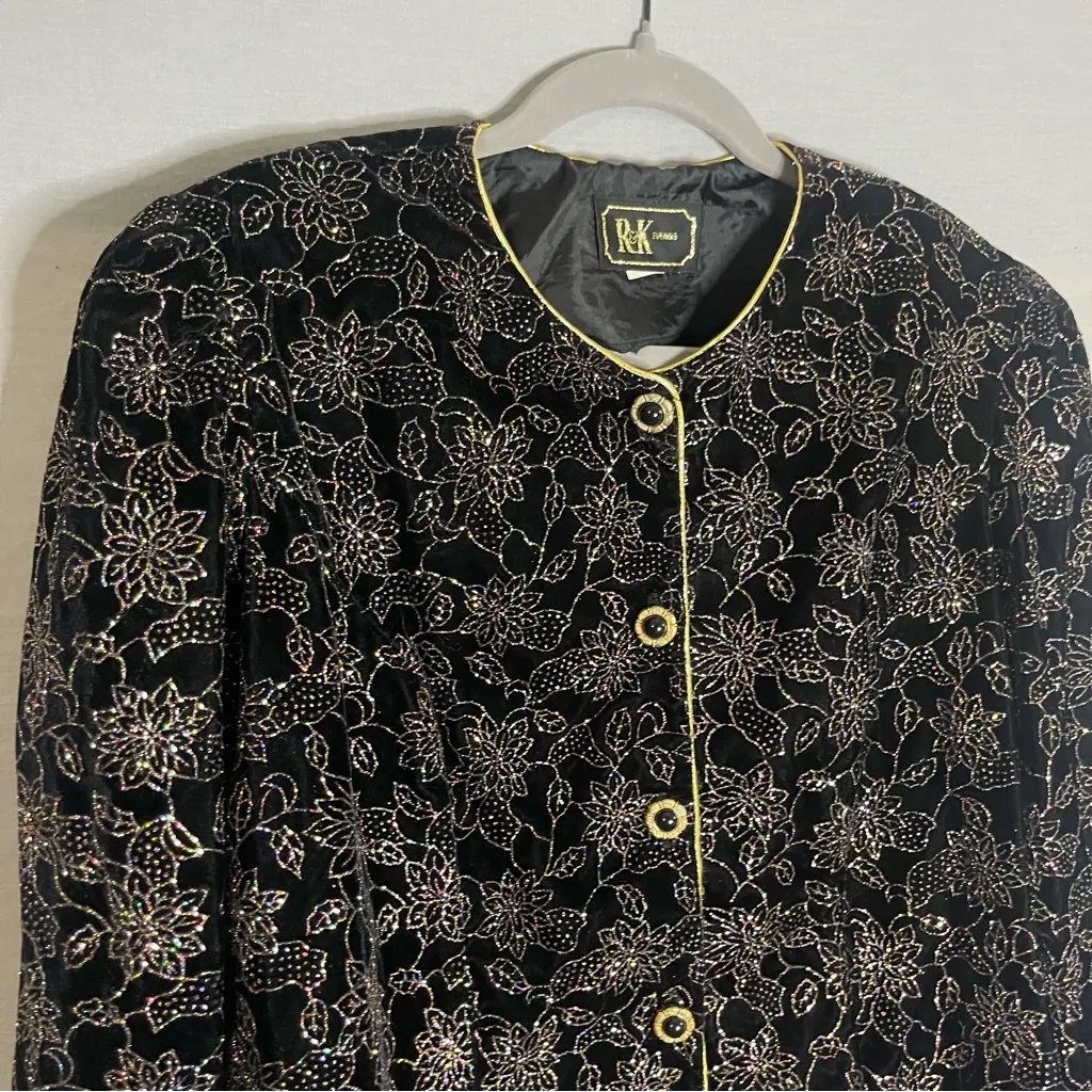 Vintage R&K Evening Blazer Jacket Women's‎ Large Black Velvet Floral Glitter - Image 5
