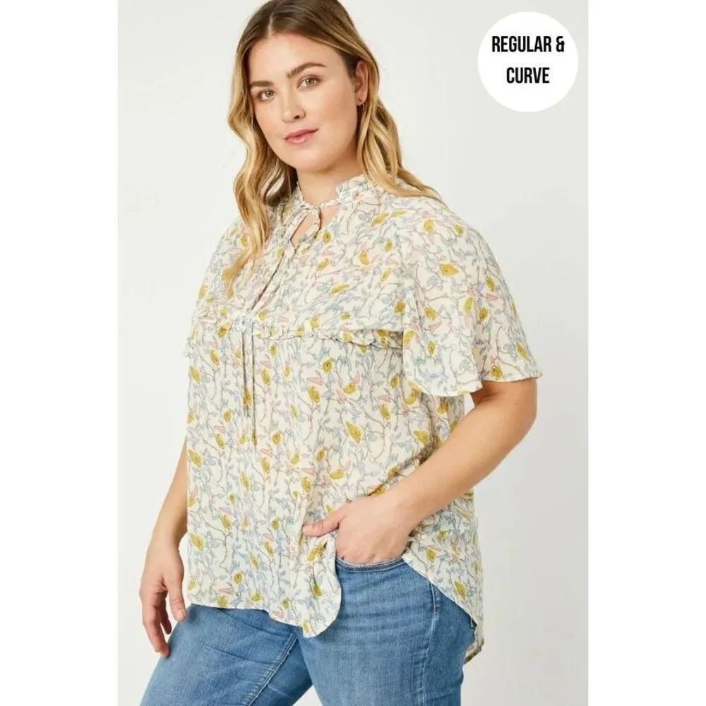 ✨HAYDEN Yellow Blue Floral Ruffle Tie Neck Career Short Sleeve Sz Large Top✨ - Image 10