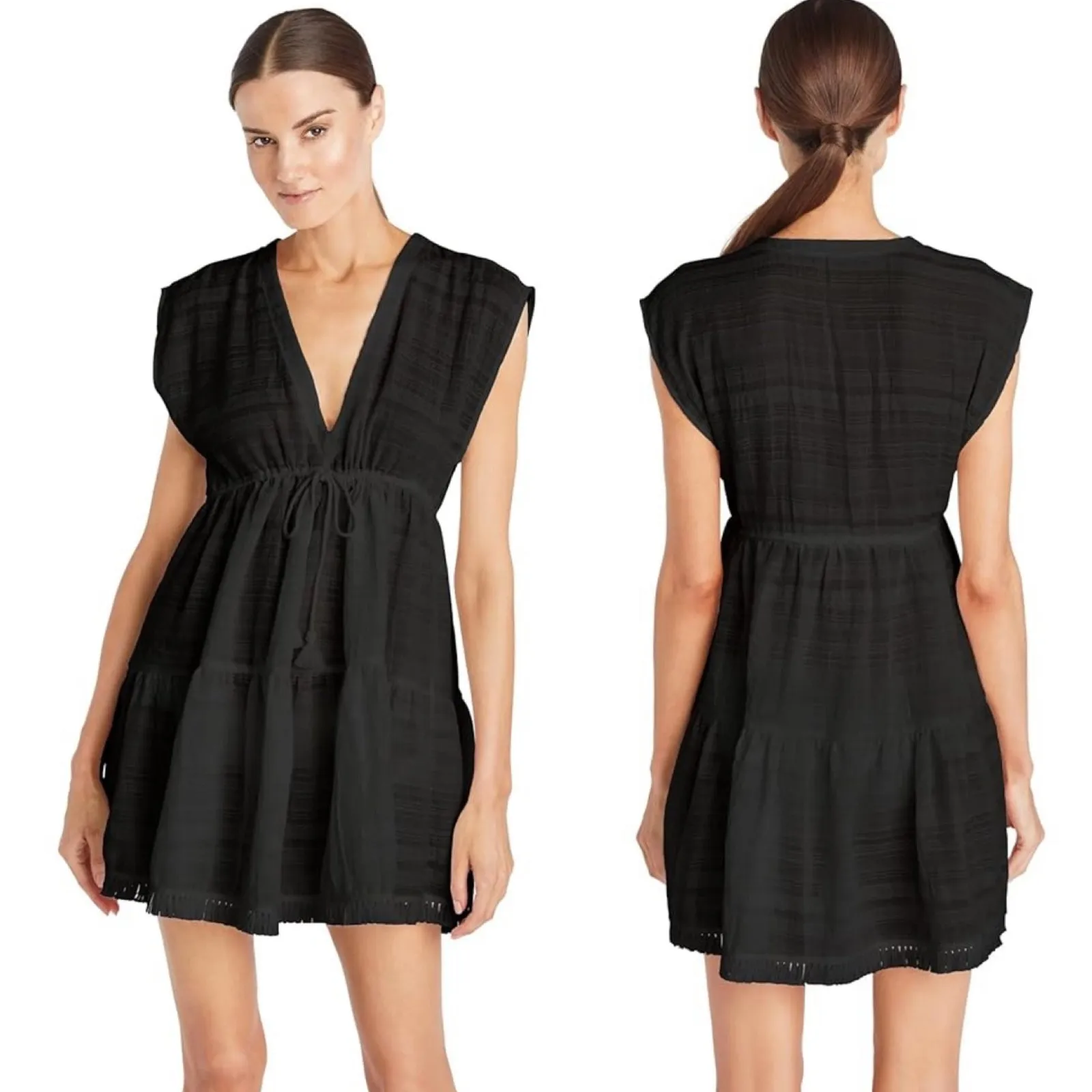 Robin Piccone‎ Natalie Black Cover-Up Dress Drawstring Waist Fringe Hem Small - Image 2