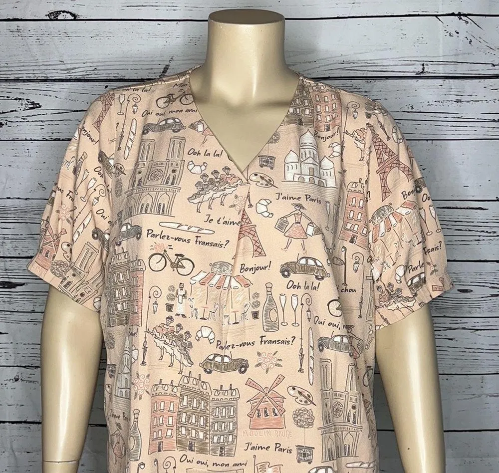 Denim & Co. Sz XL Pink - Paris France French Travel Vacation Printed Blouse Top - Image 2