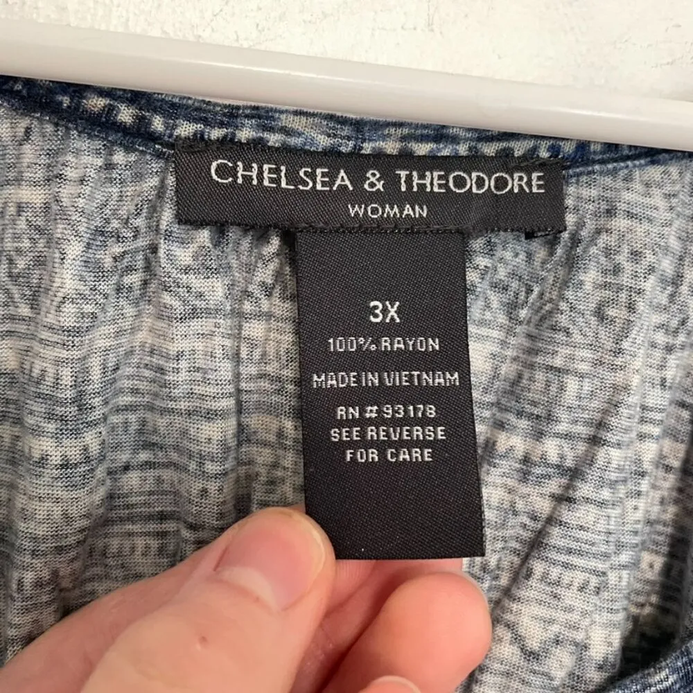 CHELSEA & THEODORE Plus Size Blue Cream Aztec Tribal 3/4 Sleeve Peasant Blouse - Image 4