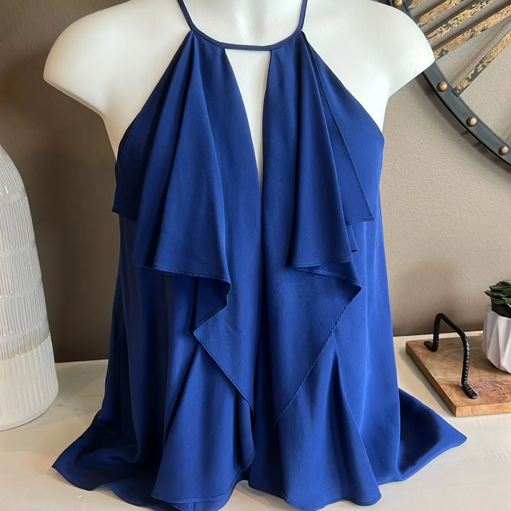 BCBGMAXAZRIA Claudia Blue 100% Silk Cascading Ruffle High Neck Halter Top Small - Image 3