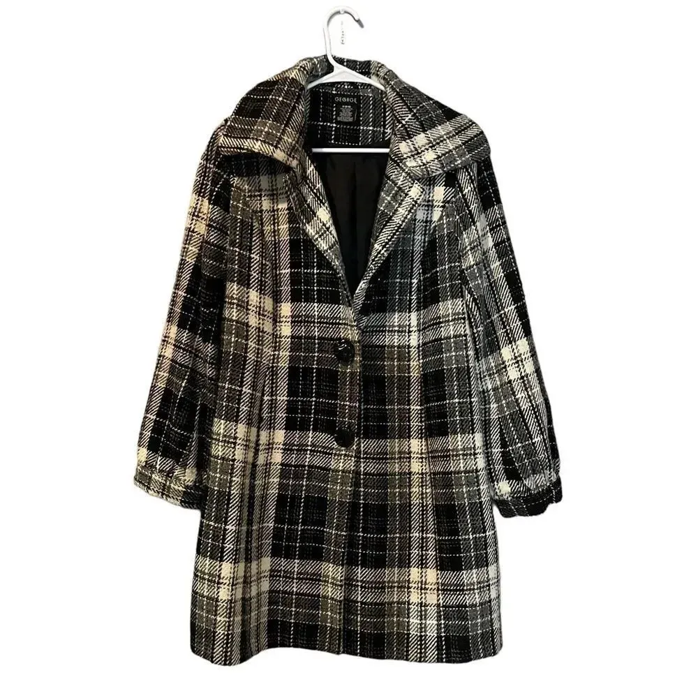 George Wool Blend Long Black and White Checkered Coat "shacket" Size Medium - Image 2