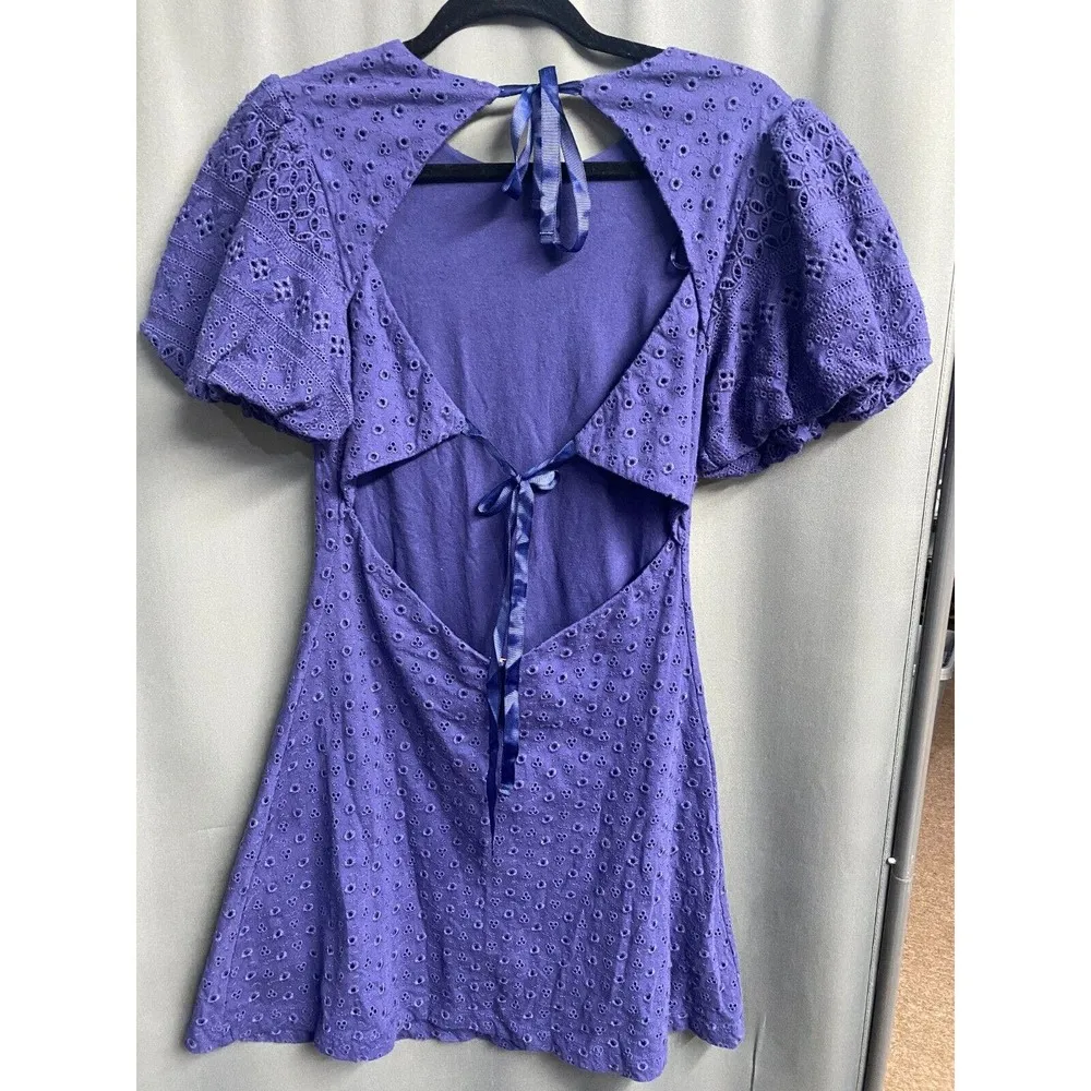 Free People Mini Dress Women's XS Blue Eyelet Lace up Cut out Puff Sleeve B71 - Image 5