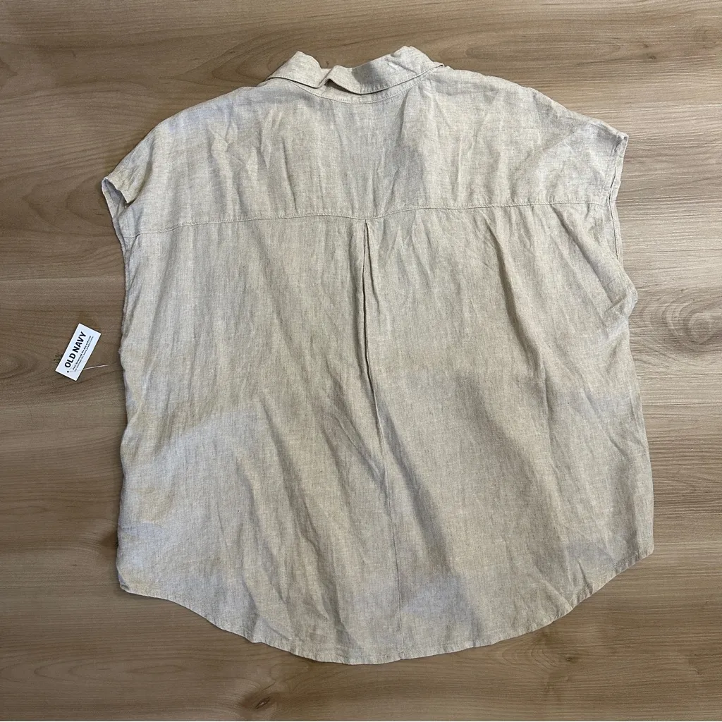 Old Navy Beige‎ Collared V-Neck Linen Blend Short Sleeve Boxy Shirt X-Large - Image 11