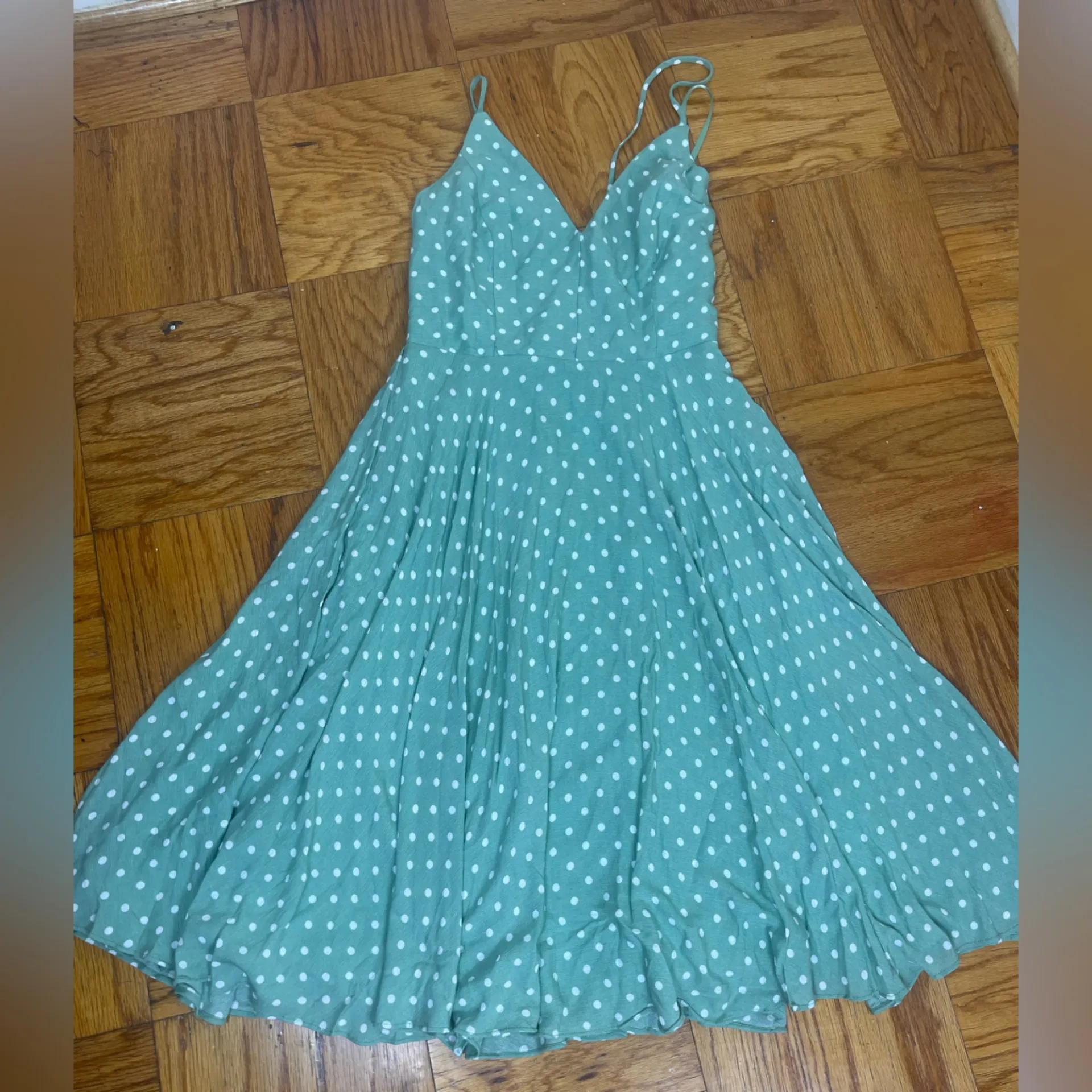 Ina Mint  mini 100 % rayon summer Green Dress with White Dots L - Image 2