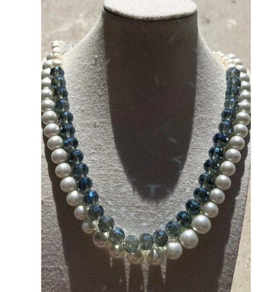 Vintage Layered Pearl Multi Layered White Blue Bead Round Glass Necklace Sz 22” - Image 15