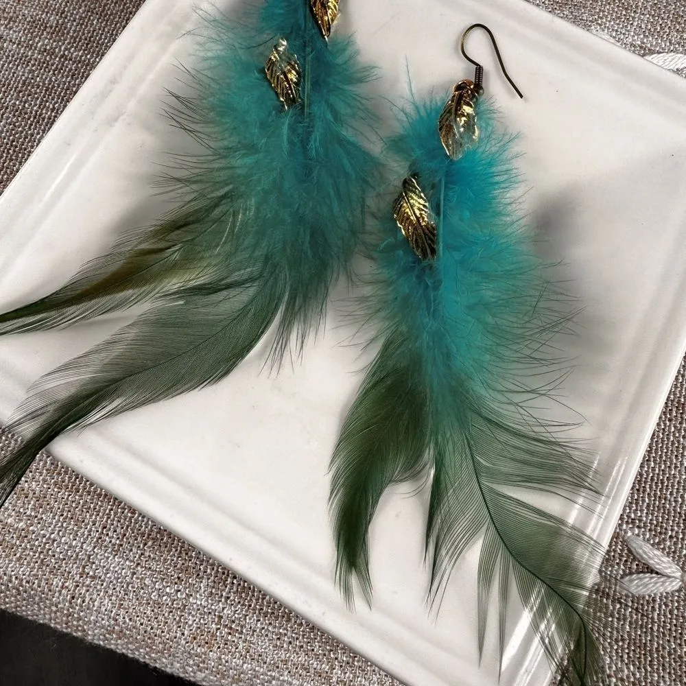 Free People Blue and Gold Feather Earrings - Image 9