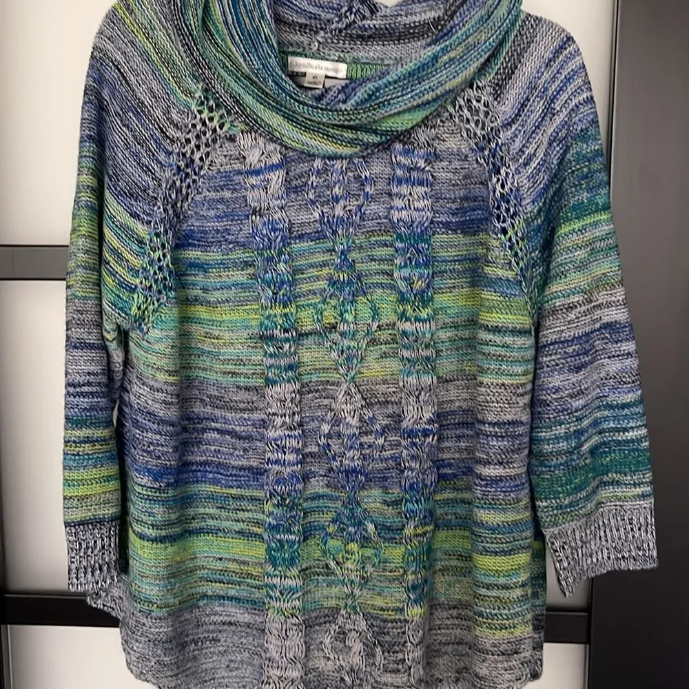 Jean Paul Richard Multi Color Cowl Neck Cable Sweater XL euc Macy's Brand Blue - Image 3