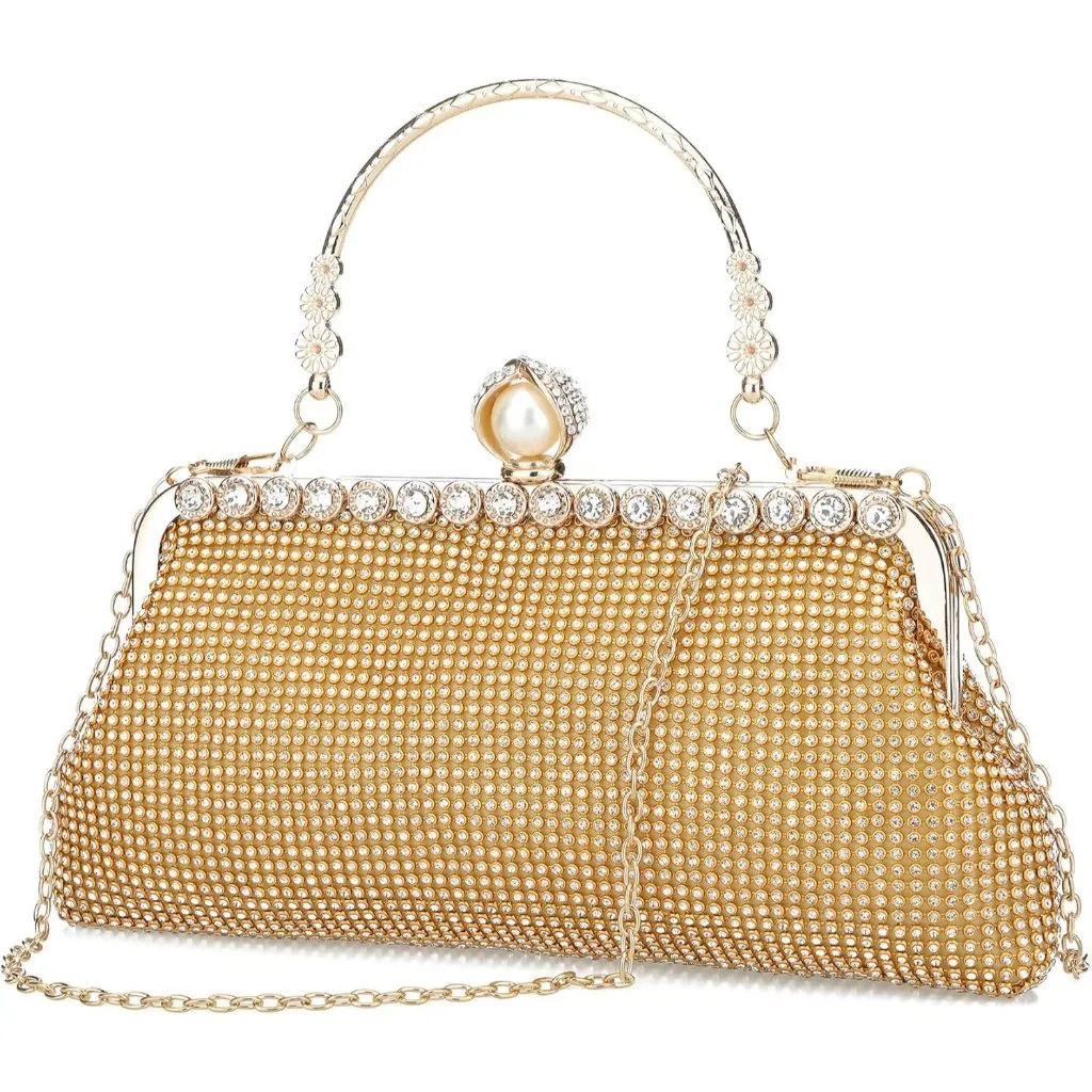 ⚡ Women's Evening Rhinestones Envelope Style Chain Strap Gold Clutch Handbag - Image 1