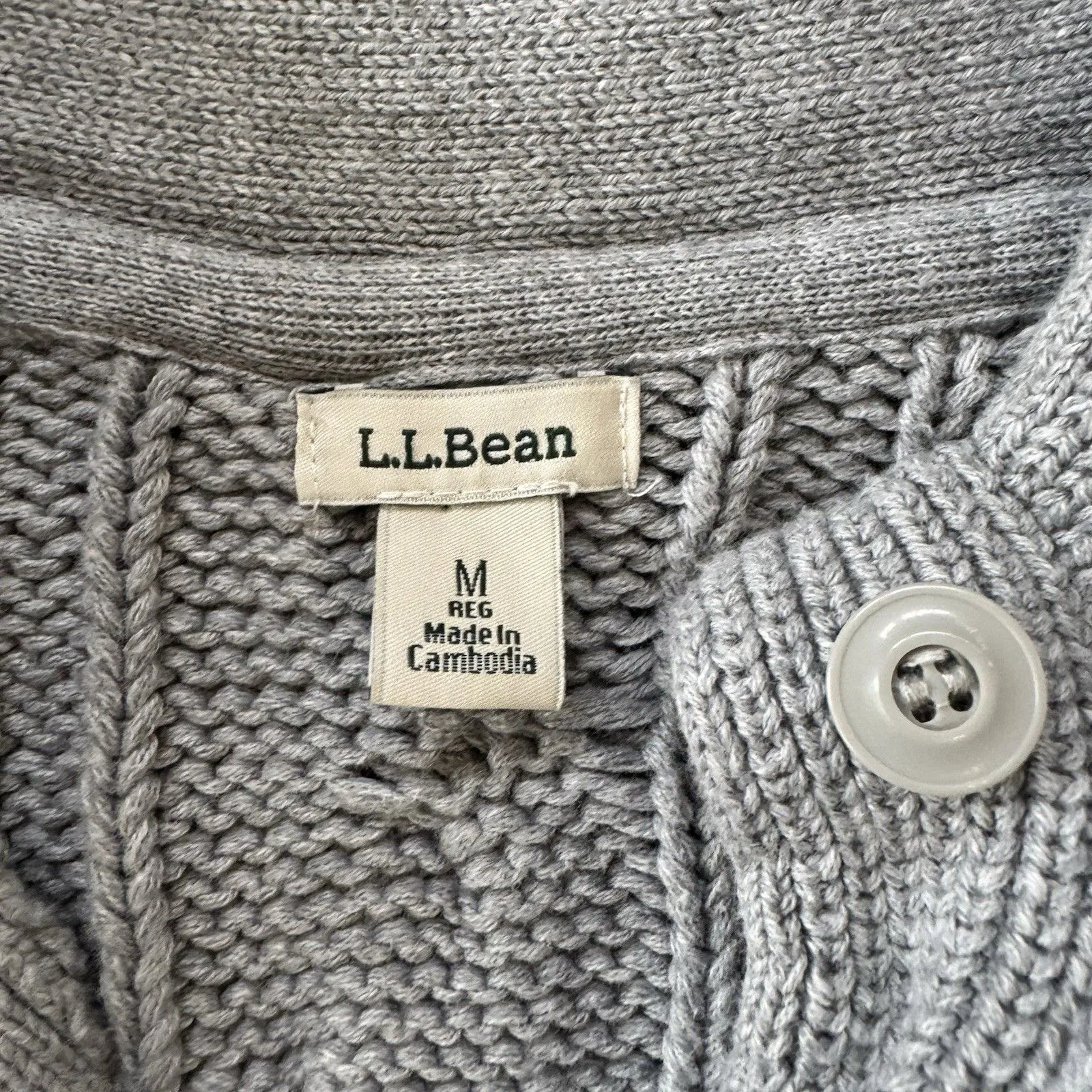 LL BEAN Womens Medium Fisherman Cable Knit Button Up Grey Cardigan Sweater Heavy - Image 3