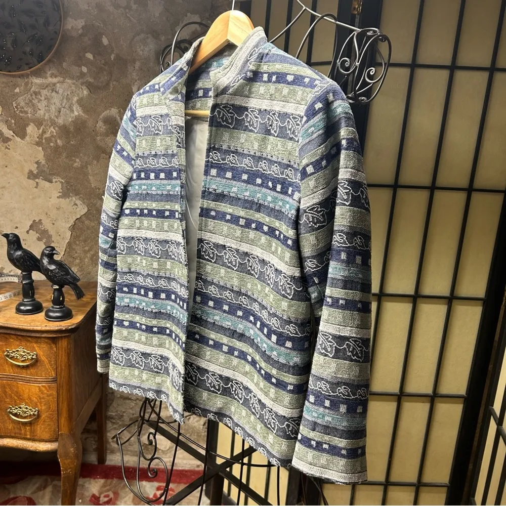 Alfred Dunner Blue Green Turquiose Striped Beaded Open Lined Jacket Size 6P - Image 5