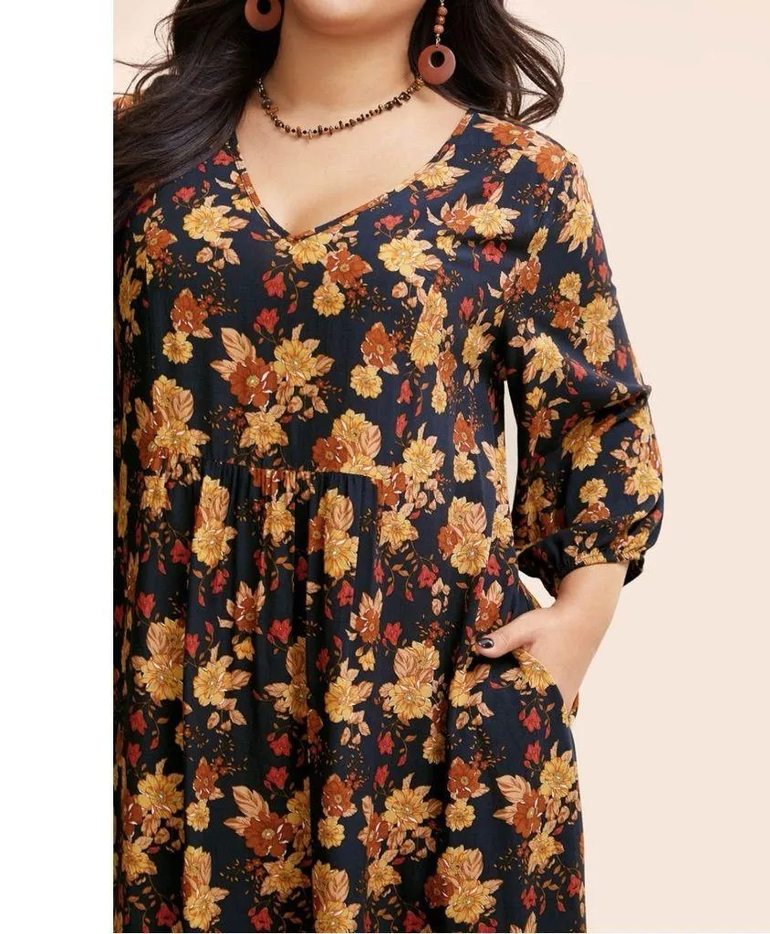 BloomChic Bohemian Loose Fit Navy Floral Fall Midi Dress Plus Size 22 24 2X Orange - Image 4