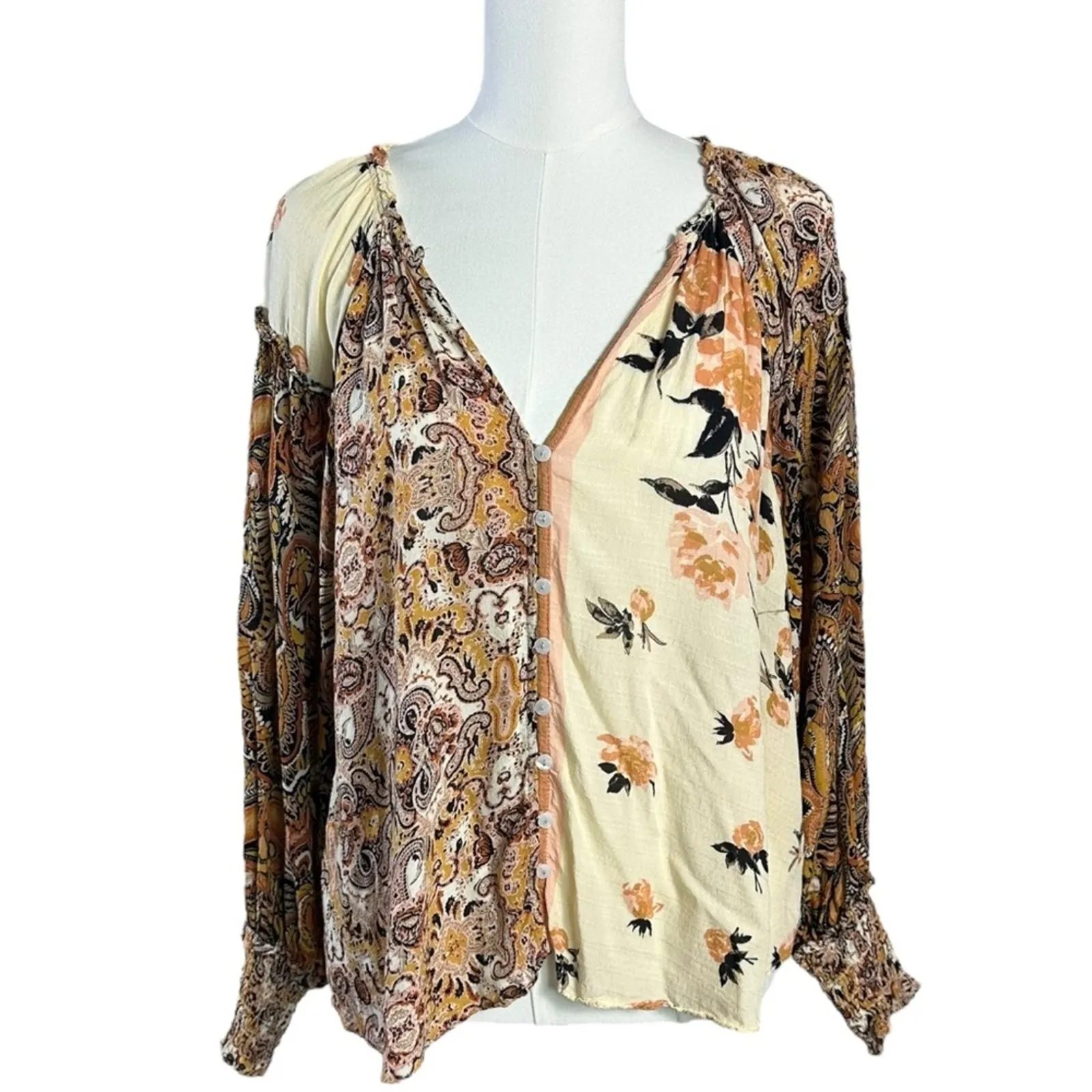 Free People Bohemian Patchwork Retro 70s Gemini Blouse in Sand Combo Medium - Image 12