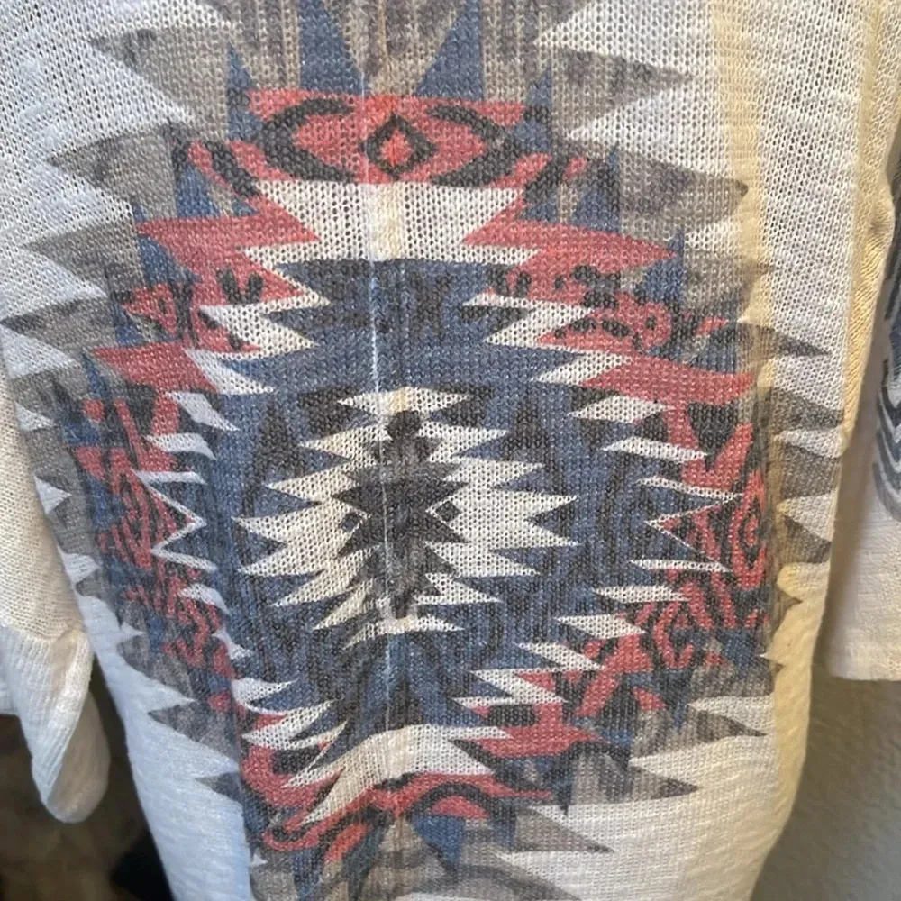 Mauve Tan & Burgundy Aztec Print Open Front Sweater WRAP Size Large Blue - Image 5