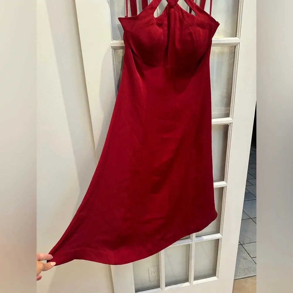 J. Peterman Timeless 100% Silk Criss Cross Halter Midi Formal Dress Size 14 NWT Red - Image 3