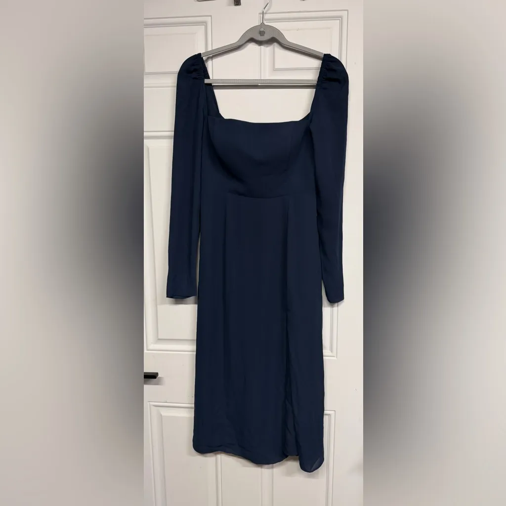 BHLDN Anthropologie Navy Blue Square Neck Midi Slit Formal Dress - Image 3