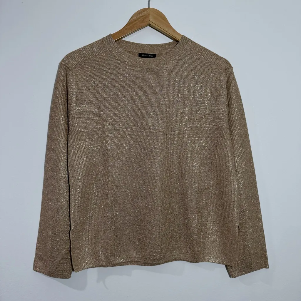 NWT Massimo Dutti Pullover Sweater Gold Metallic Long Sleeve Women 5629 Size XS - Image 1