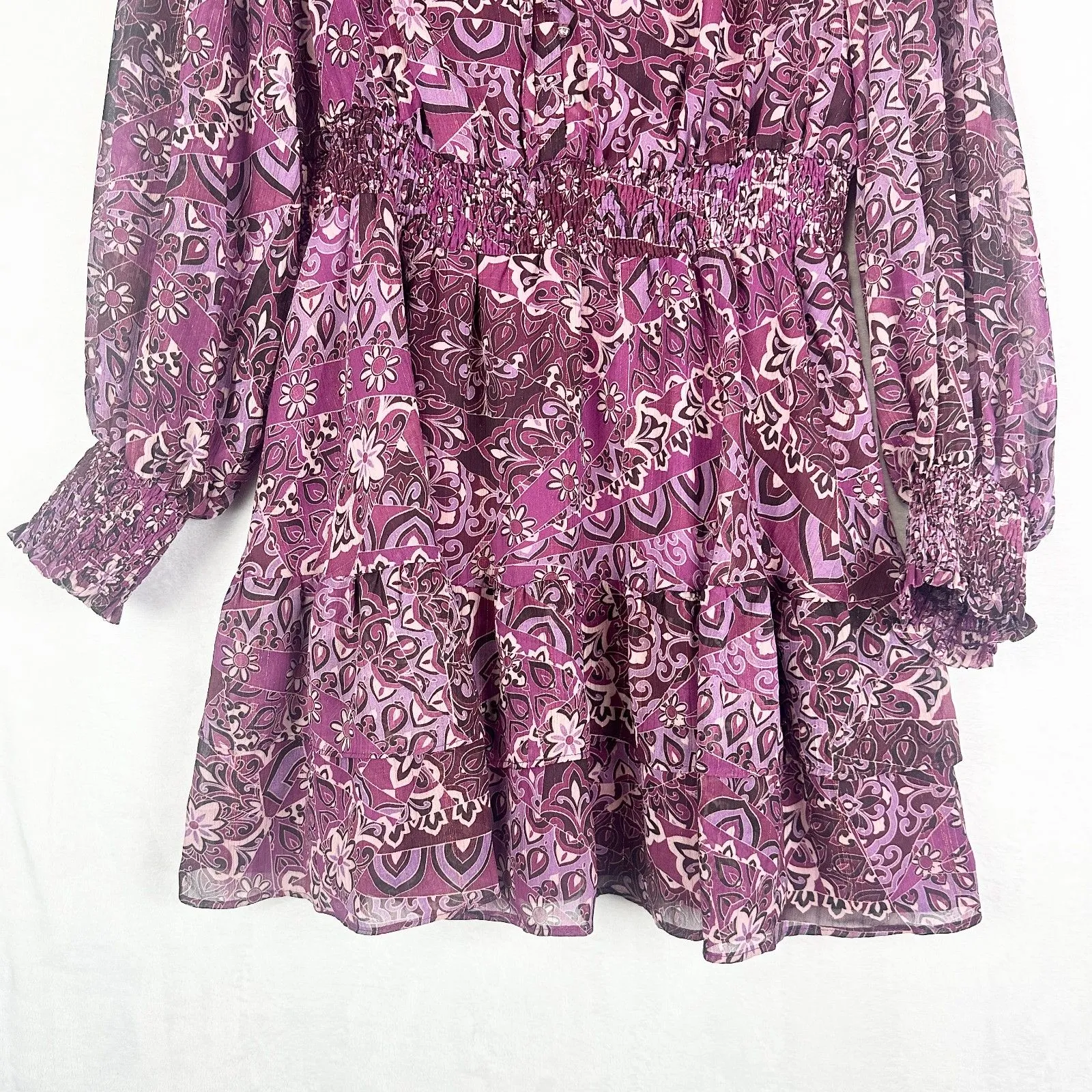 Avara Floral Dress Size XL Lurex Metallic Ruffle Tie Neck Tiered Boho Cottage Purple - Image 4