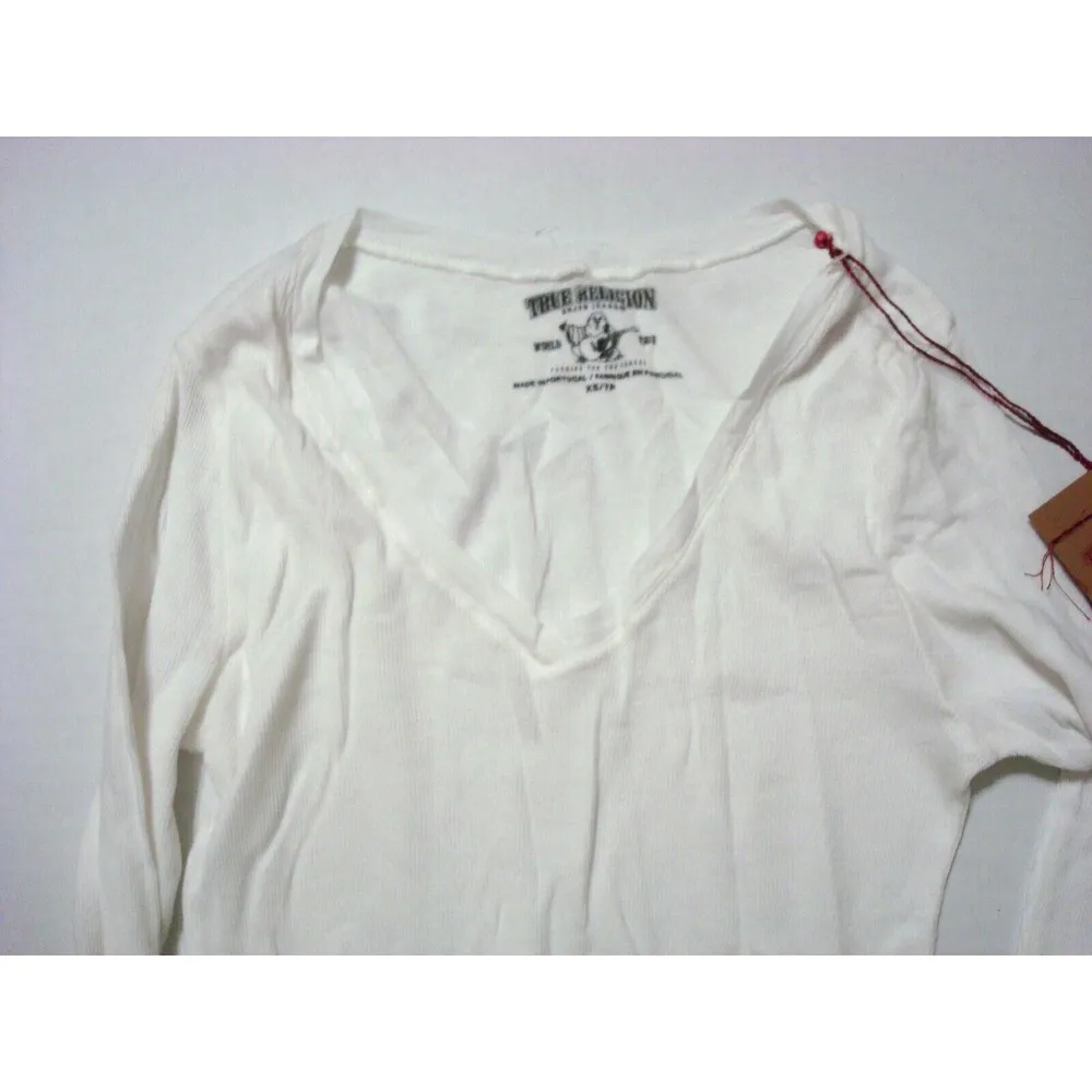 New Womens Designer True Religion Jeans Scoop V Neck Tee White XS NWT Cotton 3/4 - Image 2