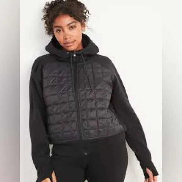Old Navy Zip Hoodie Jacket Cozy Athleisure Quilted Hooded Coat Black Medium - Image 3