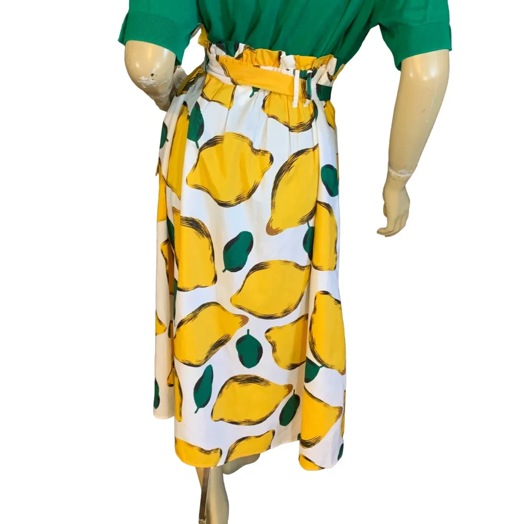 HER DESTINY YELLOW & GREEN LEMON PRINT PAPER SACK WAIST FULL MIDI SKIRT NWT (L) Size L - Image 4