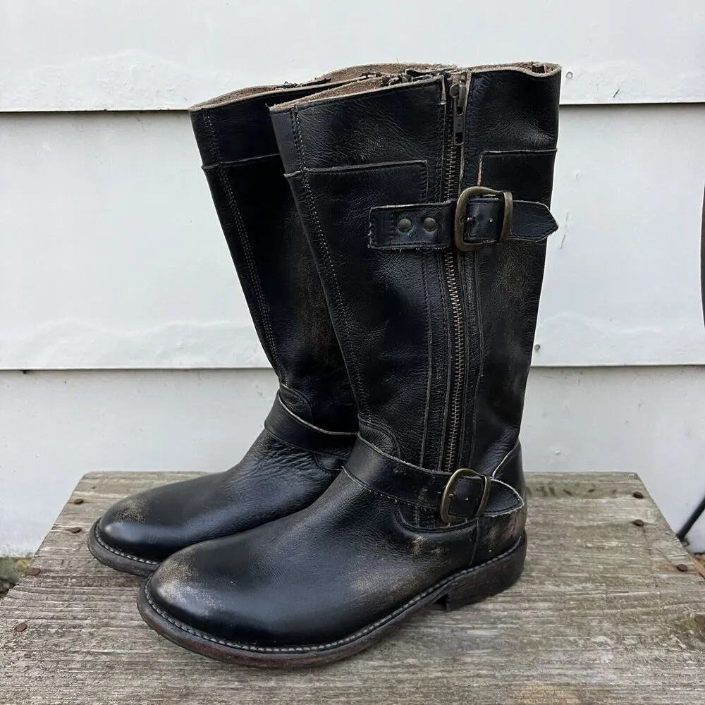 Bed Stu Gogo Lug Moto Boots Black Brown Gold Distressed Leather Side Zip Size 7 - Image 3