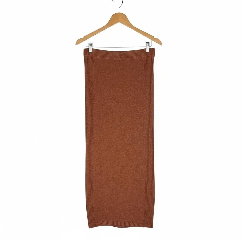 Tularosa Marco Knit Midi Skirt Womens M Brown Linen Tencel Ribbed Boho Coastal - Image 4