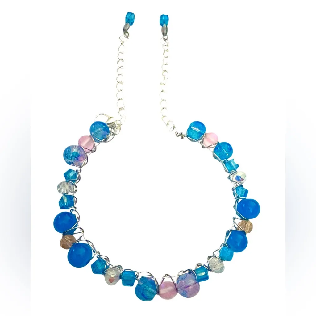 Hand Wired Bracelet with Cotton Candy Stained Glass Beads and Crystals Pink - Image 2