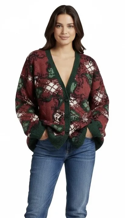 Vintage 90s Hand Knit Chunky Oversized Cardigan Sweater L Red Argyle Green Size L - Image 1