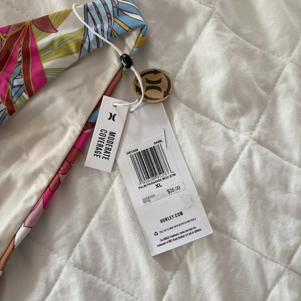 NWT Hurley Womens Size XL Palm Paradise Tropical Bikini Bottom Beach Summer Pink - Image 2