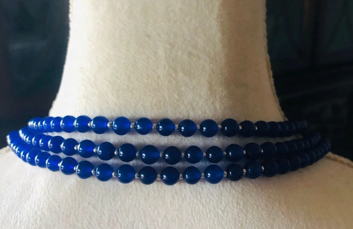 Handcrafted triple strand lazurite bead oval lapis stone clasp necklace Blue - Image 7