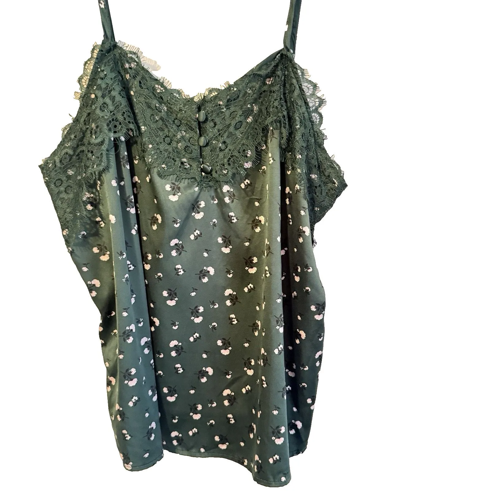 Forest Green Satin Babydoll Cami Dainty Rosette Lace Trim Y2K Whimsigoth Fairy L - Image 2