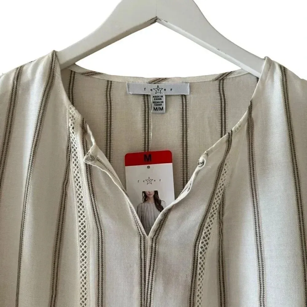 NWT Fever 3/4 Sleeve Blouse, Tan/Ivory Stripes Lace Bohemian Gypsy Sz M #1842 White Size M - Image 3