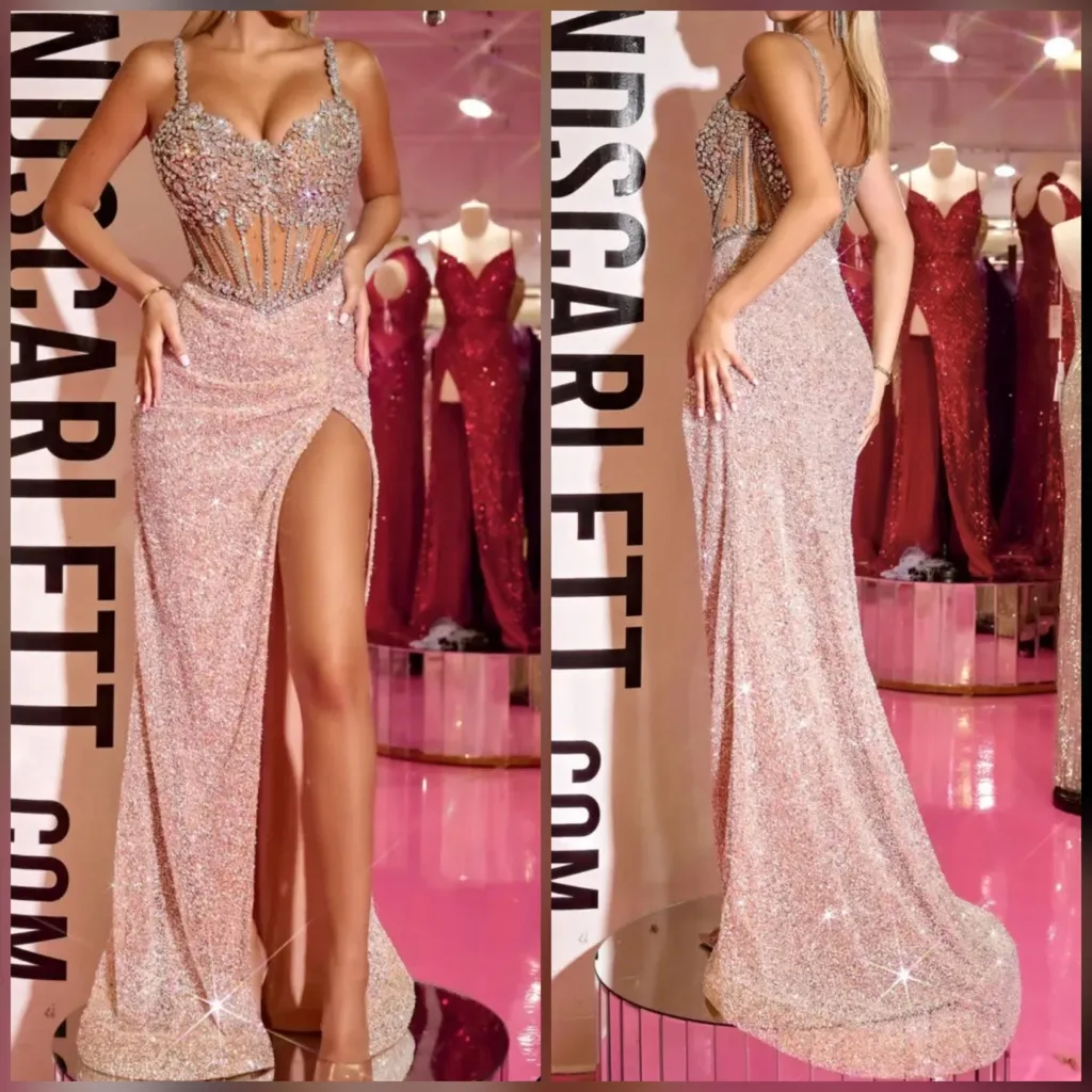 Sparkly luxury crystal rhinestone silver & nude prom dress pageant evening gown Size 00 - Image 3
