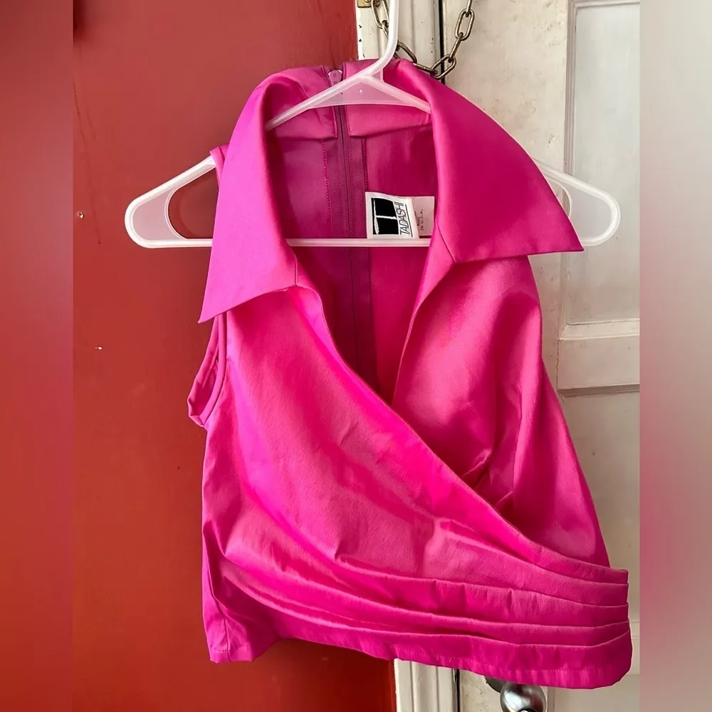Tadashi Vintage Hot Pink Faux Wrap Sleeveless Blouse - Image 4