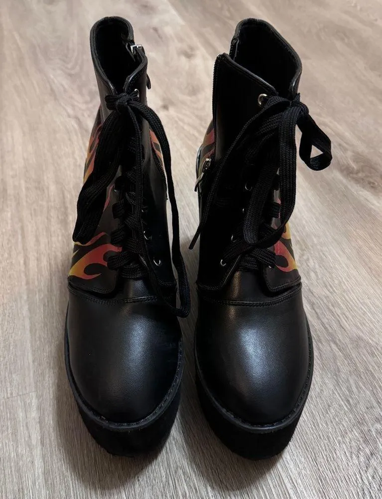 Hot Topic Flames Fire Platform Shoes Black Yellow Red 10 Goth Chunky - Image 8
