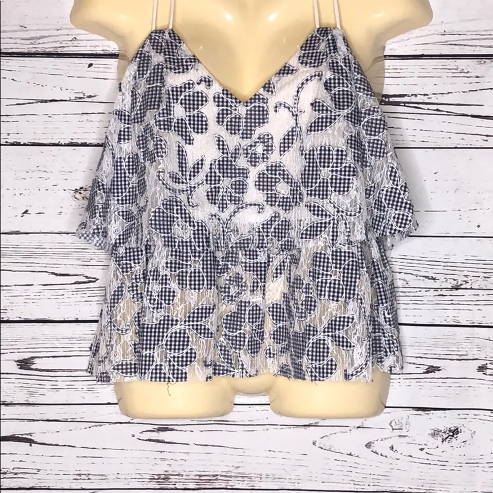 J.O.A. Los Angeles NWT Size XS Blue & White Gingham Floral Lace Tank Top Blouse - Image 3